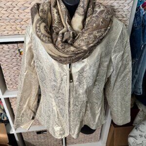 Gold Snake Print Large Leather Jacket - satin lined